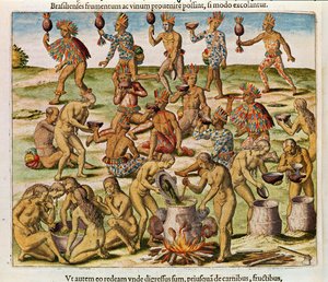 Navigatio in Brasiliam Americae, Preparação de uma bebida feita de milho e trigo (página 486), 1563 (cor gravura)